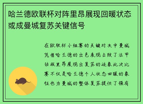 哈兰德欧联杯对阵里昂展现回暖状态或成曼城复苏关键信号